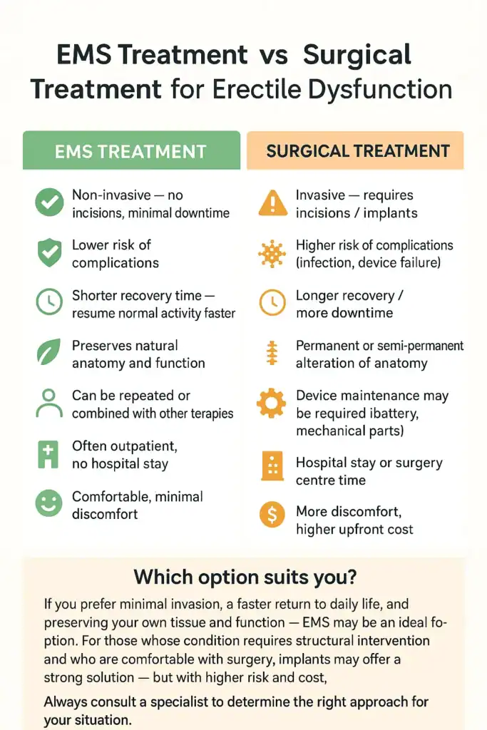 A table showing the benefits of EMS chair for erectile dysfunction treatment Stockport compared to surgery.