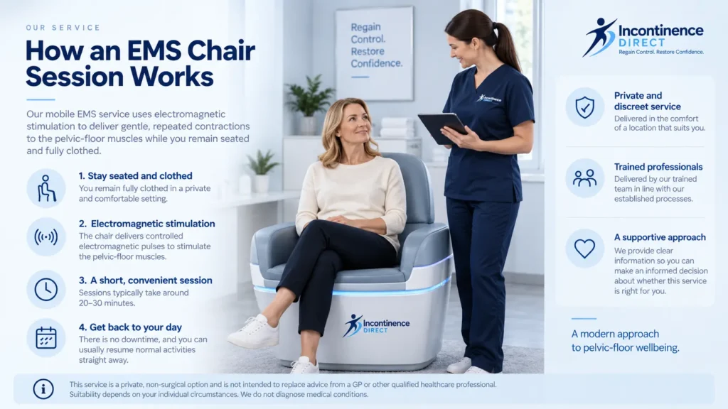 how ems chair session works at incontinence direct Stockport a detailed infographics for the incontinence process