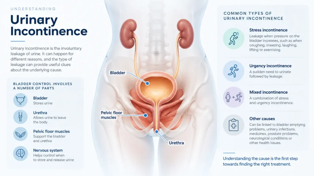 incontinence direct Stockport infographic on urinary incontinence symptoms reasons and treatment options