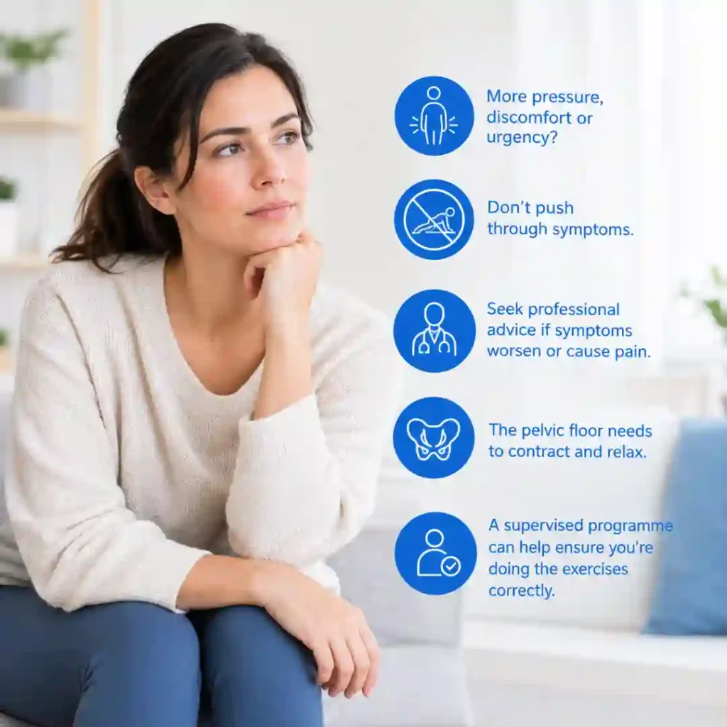 Pelvic-floor exercises Stockport involve controlled contraction and relaxation. Persistent pressure, discomfort or urinary urgency may warrant professional assessment.